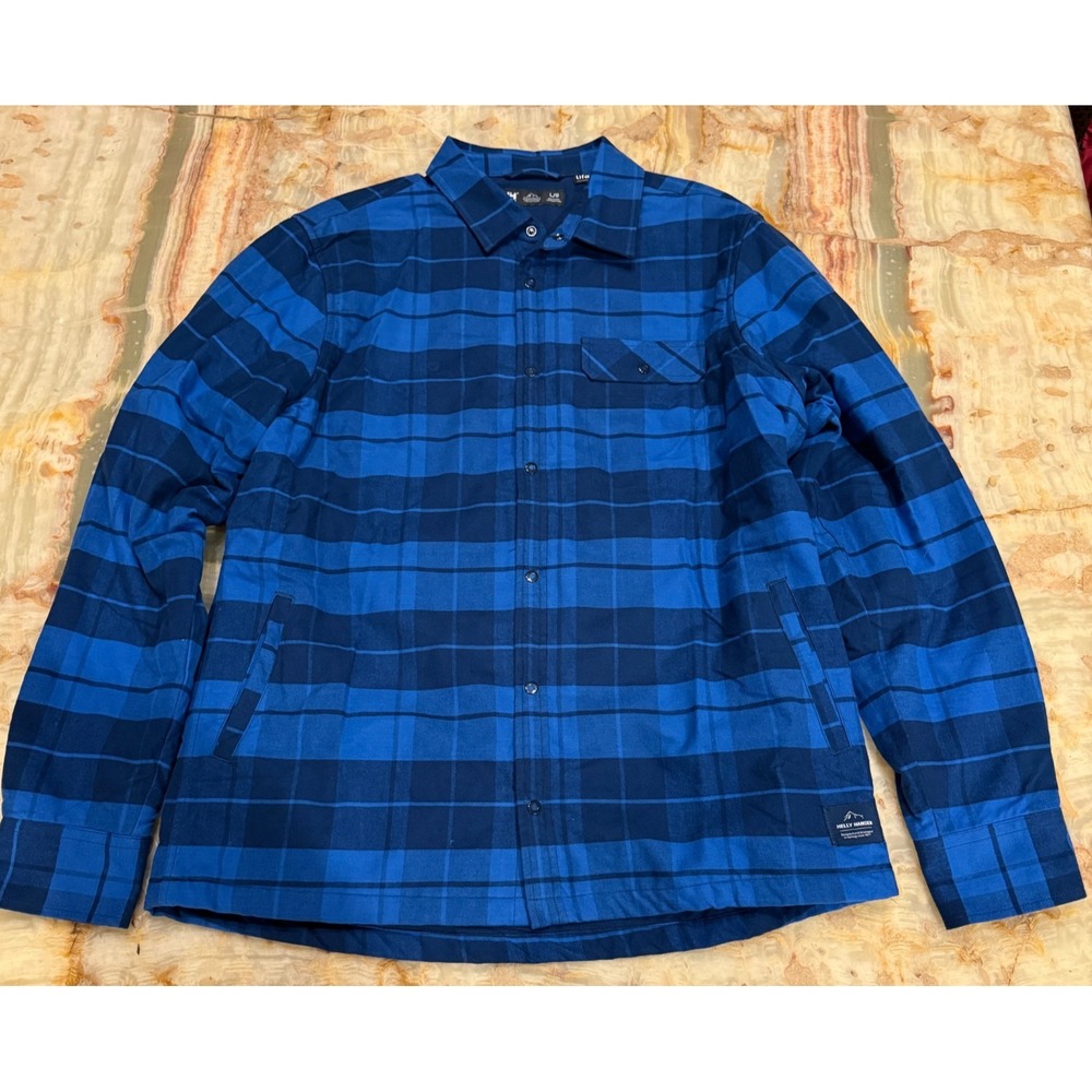 Helly Hansen Mens LifaLoft Flannel Shirt Blue Plaid Snaps‎ Long Sleeve Large